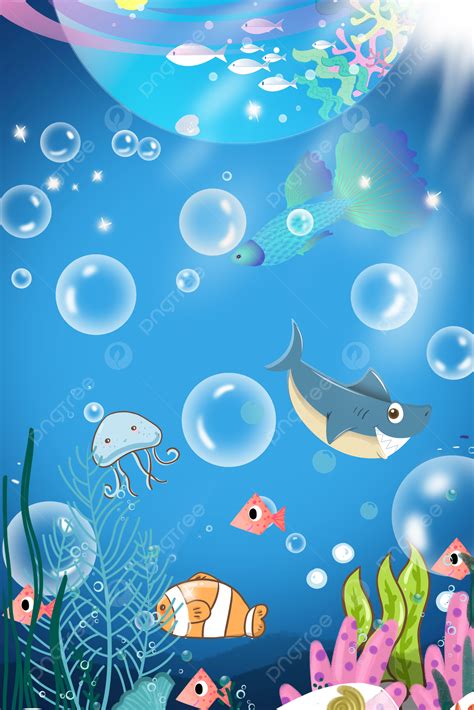 Blue Cartoon Hand Drawn Underwater World Aquarium Poster Background