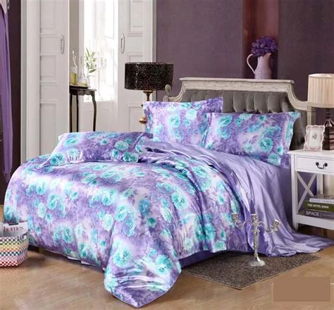 Luxury Purple Flowers Silk Satin 3 4pcs Bedding Set Bedclothes Sets