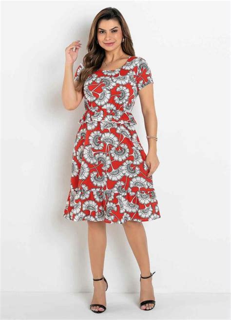 Vestido Evasê Floral Vermelho Moda Evangélica Queima de Estoque