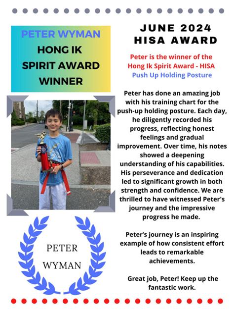 Hong Ik Martial Arts Spirit Award May 2024 Winner Of Bronxville