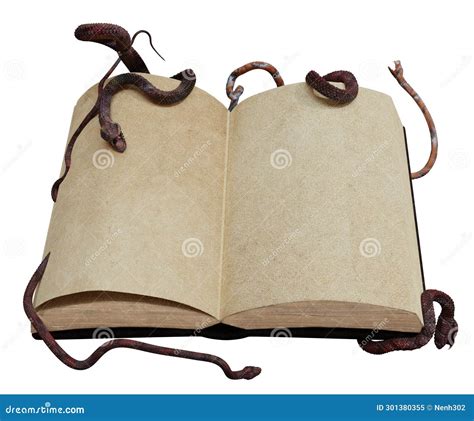 An Old Fantasy Grimoire Open Surrounded By Snakes Isolated On A White