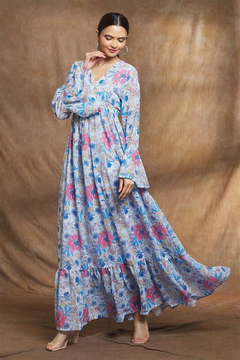 Buy Blue Georgette Floral Print Dress For Women By Khwaab By Sanjana