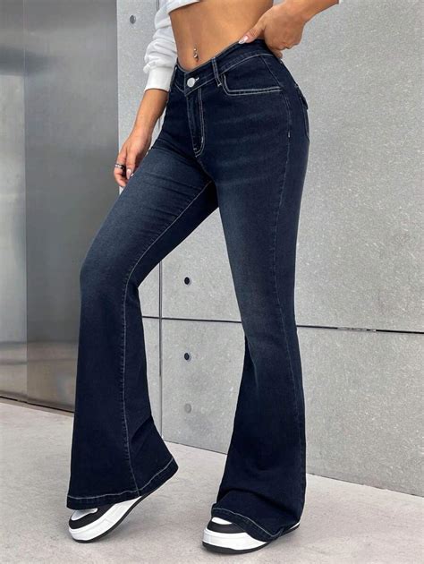 Shein Ezwear Contrast Stitch Flare Leg Jeans Shein Usa