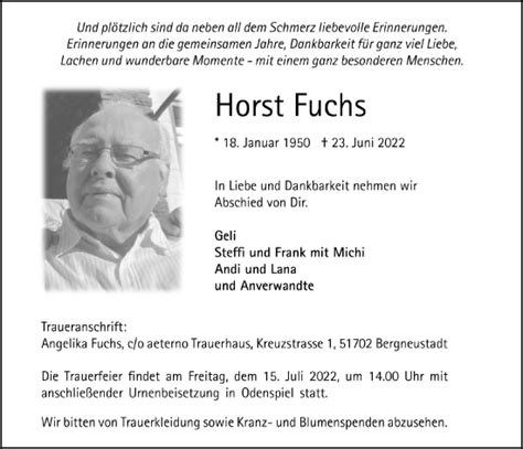 Traueranzeigen Von Horst Fuchs WirTrauern