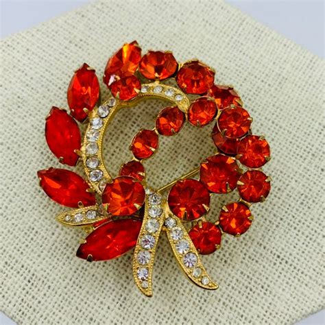 Eisenberg Orange Rhinestone Gold Tone Brooch Pave Clear Ribbon Etsy