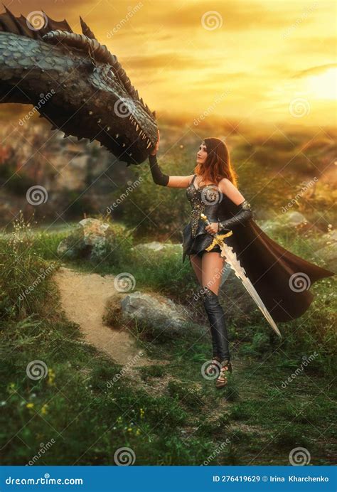 Fantasy Female Warrior Holding Sword Hand Touches Dragon Green Grass