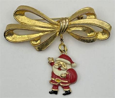 Vintage Christmas Pin Brooch Bow Enamel Santa Claus Ebay