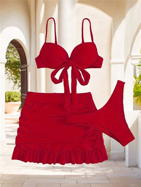 Women S Holiday Style Halter Bow Ruffle Backless Fashion Bikini Half Skirt Three Piece Beach