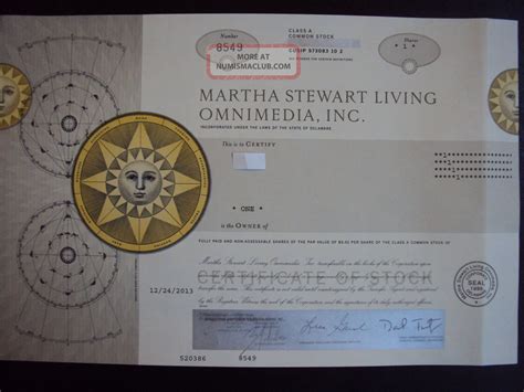 Martha Stewart Living Omnimedia Stock Certificate