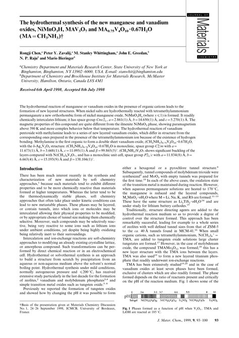 Pdf The Hydrothermal Synthesis Of The New Manganese And Vanadium Oxides Nimno3h Mav3o7 And