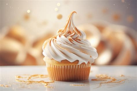 Premium AI Image A Cupcake With White Frosting And Gold Sprinkles