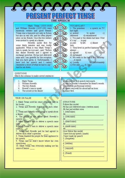 PRESENT PERFECT TENSE READING AND INTERPRETATION KEY ESL