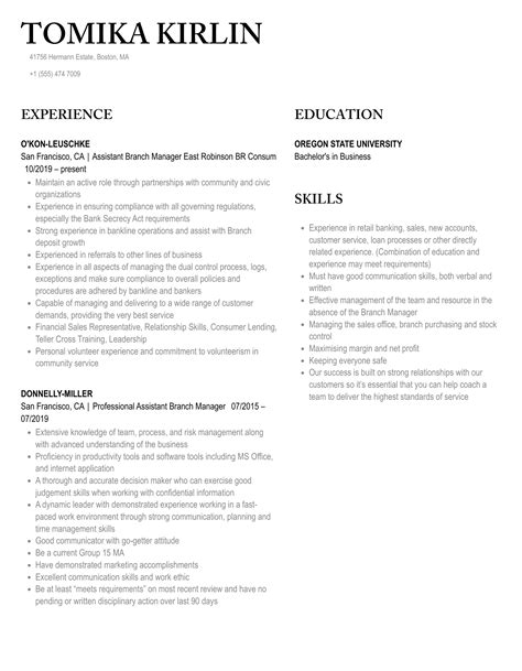 Assistant Branch Manager Resume Samples Velvet Jobs