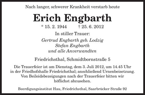 Traueranzeigen Von Erich Engbarth Saarbruecker Zeitung Trauer De