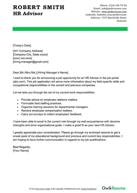 Hr Advisor Cover Letter Examples Qwikresume