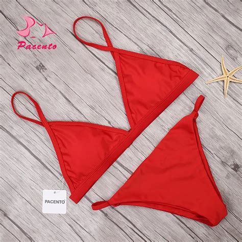 Pacento Solid Bikini Set Red Black Swimwear Women Sling Brazilian