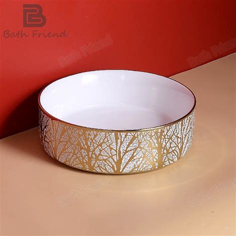 Decals Pattern Gold White Wash Basin Sink Ceramic Round Wash Basin