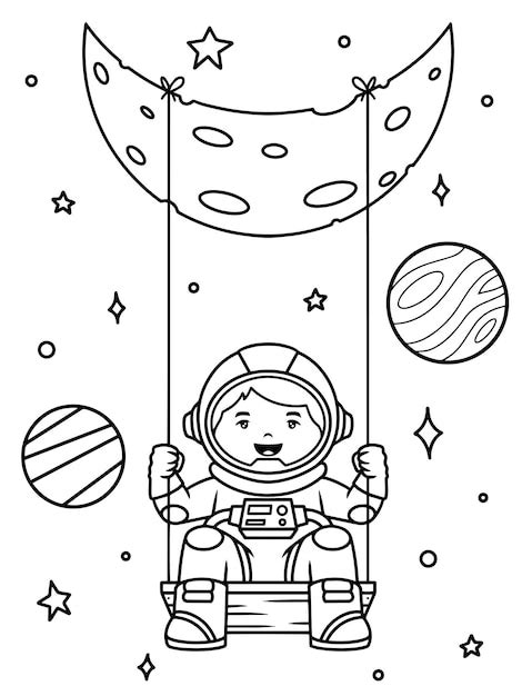 Lindo Astronauta Columpi Ndose En La Luna Para Colorear Vector Libro