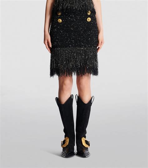 Womens Balmain Black Tweed Fringed Mini Skirt Harrods UK