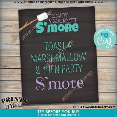 Smore Menu Enjoy A Gourmet Smore Sign Custom Printable 8x1016x20