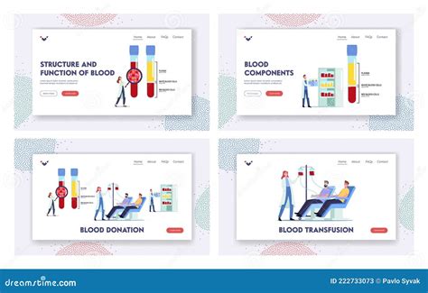 Blood Donation Landing Page Template Set Tiny Doctor Character At Huge