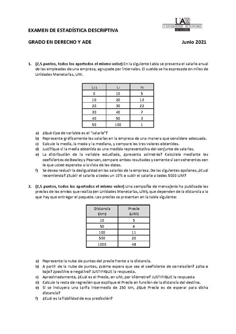 Examen Estad Stica Examen De Estad Stica Descriptiva Grado En