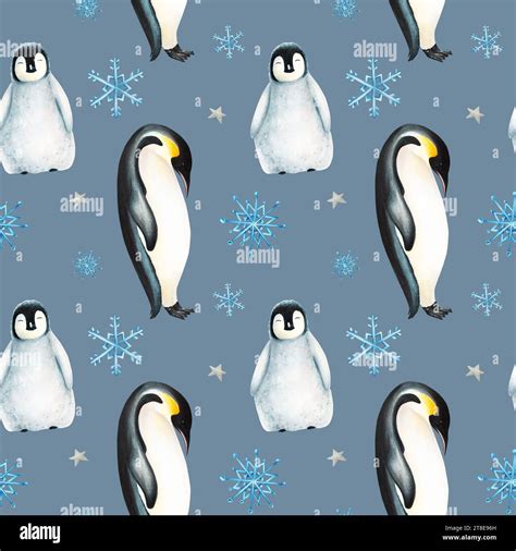 Watercolor Winter Seamless Pattern Illustration Of A King Penguins