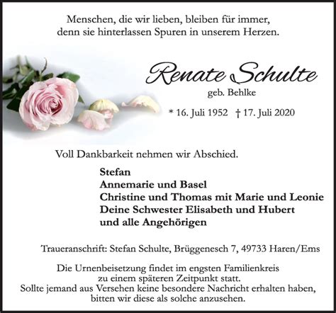 Traueranzeigen Von Renate Schulte Noz Trauerportal