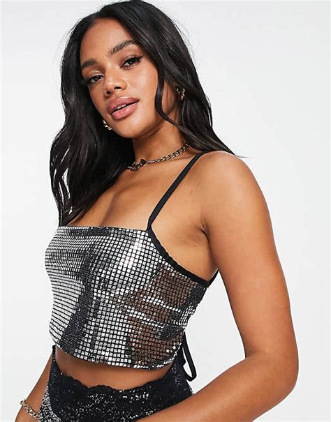 Asyou Square Sequin Tie Back Cami Top Co Ord In Silver Asos