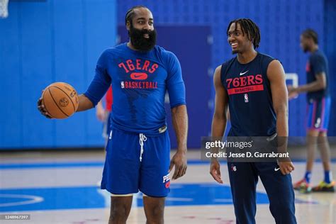 James Harden And Tyrese Maxey Of The Philadelphia 76ers Talk During A News Photo Getty Images