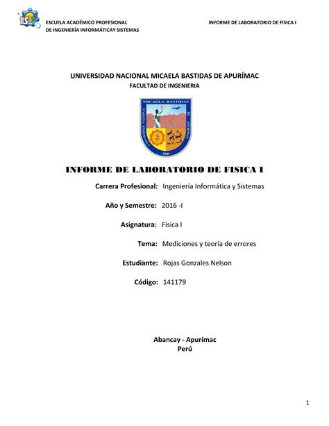 Informe De Laboratorio De Fisica I Mediciones Y Teoria De Errores Pdf