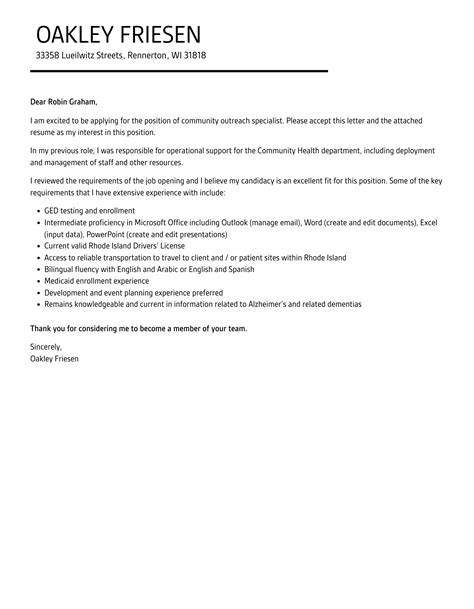 Community Outreach Specialist Cover Letter Velvet Jobs