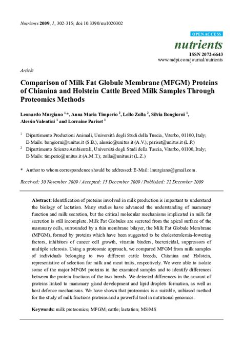 Pdf Comparison Of Milk Fat Globule Membrane Mfgm Proteins In Milk Samples Of Chianina And