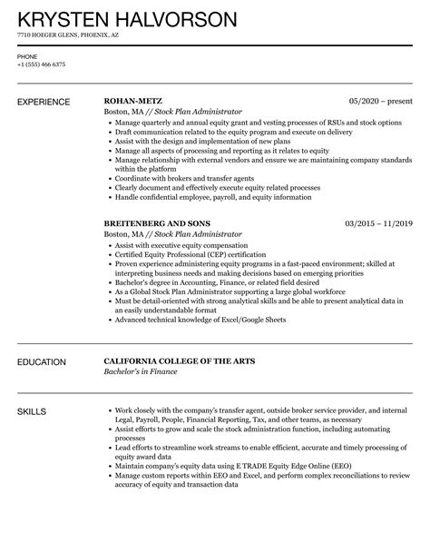 Stock Plan Administrator Resume Samples Velvet Jobs