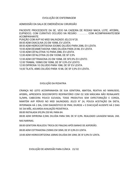 Evolução de Enfermagem | PDF | Medicina Clínica | Remédio