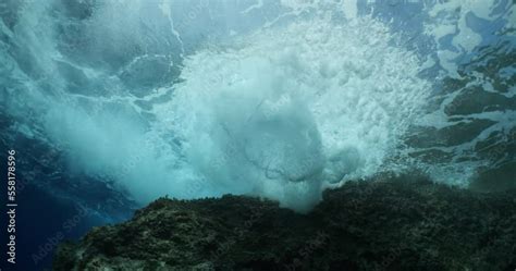 Choppy Water Wavy Sea Underwater Wave Hit On Rocks And Makes Foam On