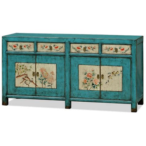 Hand Painted Distressed Aqua Blue Flower And Bird Elmwood Tibetan