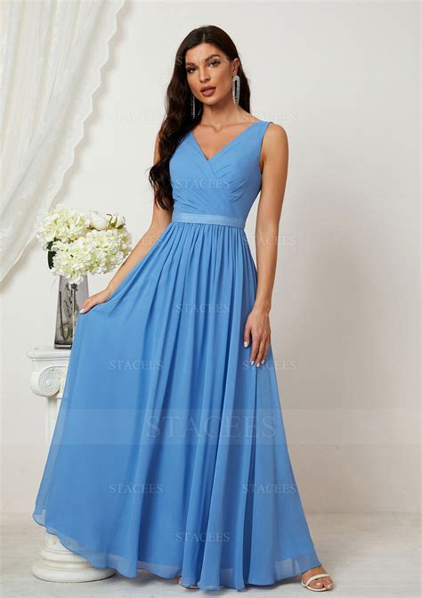 A Line V Neck Chiffon Long Floor Length Bridesmaid Dress With Pleated