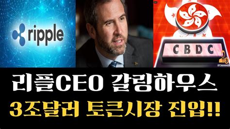 리플 코인 긴급속보 리플ceo 갈링하우스 작심발표 3조달러규모 토큰화 시장 진입한다 홍콩과 본격 Cbdc 지금빨리