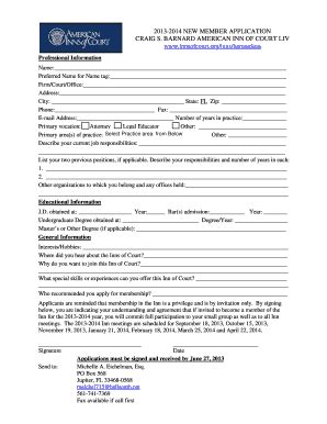 Fillable Online New Member Application American Inns Of Court Fax