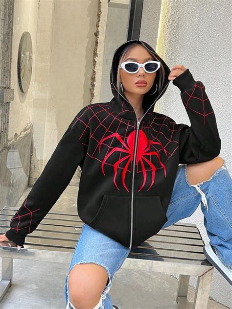 Shein Coolane Spider Web Print Zip Up Drop Shoulder Hoodie Shein Usa