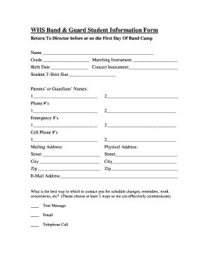 Fillable Online Vhs Band Student Information Form Westernhsmusic