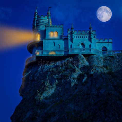 Medieval Castle At Night Halloween Background Swallow`s Nest Stock