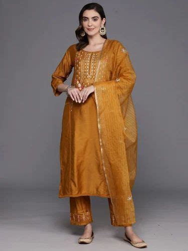 Viscose Rayon Indo Era Mustard Embroidered Straight Kurta Trousers With