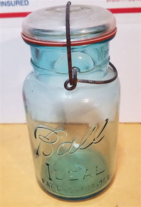 One Quart Vintage July 14 1908 Aqua Blue Ball Ideal Mason Jar With