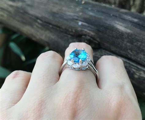 Swiss Blue Topaz Halo Solitaire Ring Oval Blue Topaz Anniversary Split