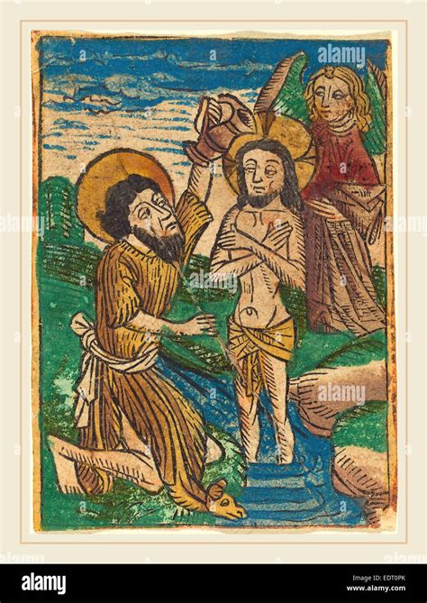 German 15th Century Baptism C 1490 Hand Colored Woodcut Stock Photo