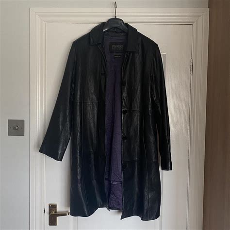 S S Black Long Leather Coat Repop From Depop