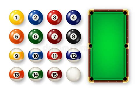 Billiard Balls With Numbers Various Cues And Green Pool Table Glossy