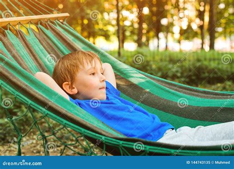 Happy Child Relaxing In Hammock Summer Vacation Concept Cute Boy